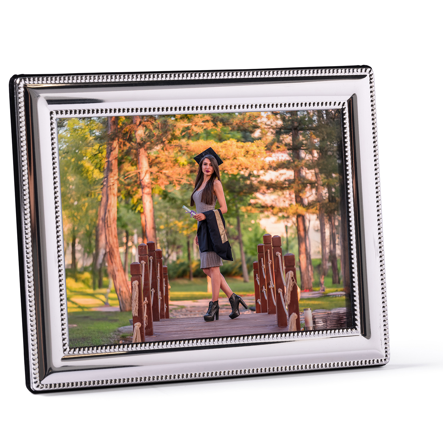 Silver picture frame with portrait photo